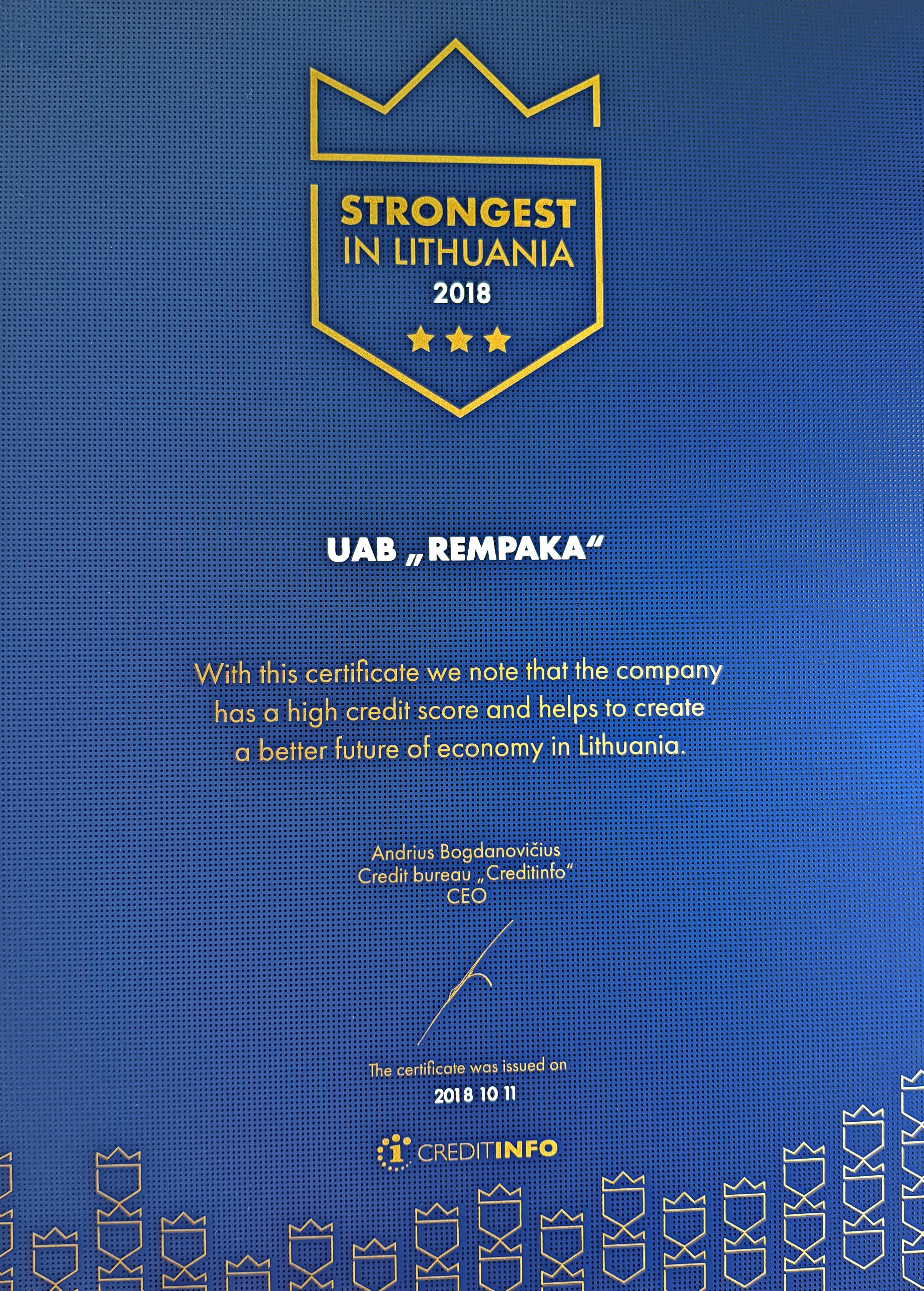 Rempaka - sertifikatas Strongest in Lithuania